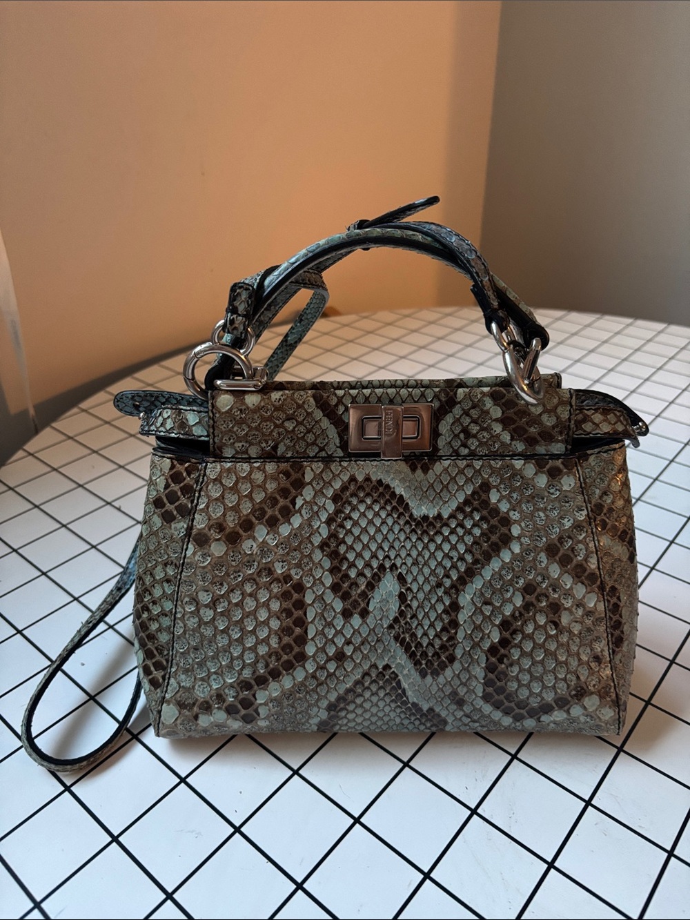 Fendi Python skin Top Handle Satchel in blue and Gray